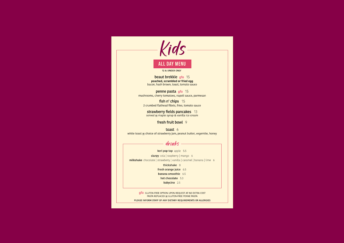 Menu, Cafe Lattetude
