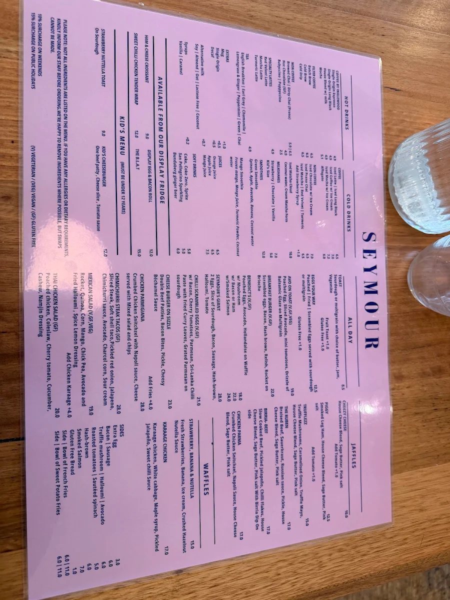 Menu, Seymour Cafe