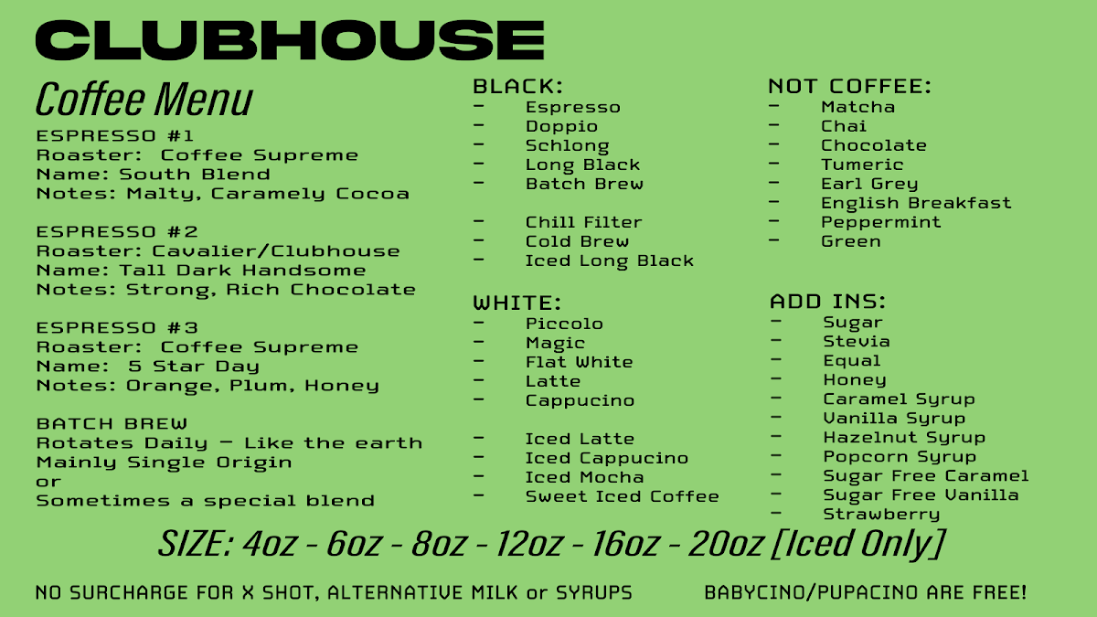 Menu, CLUBHOUSE