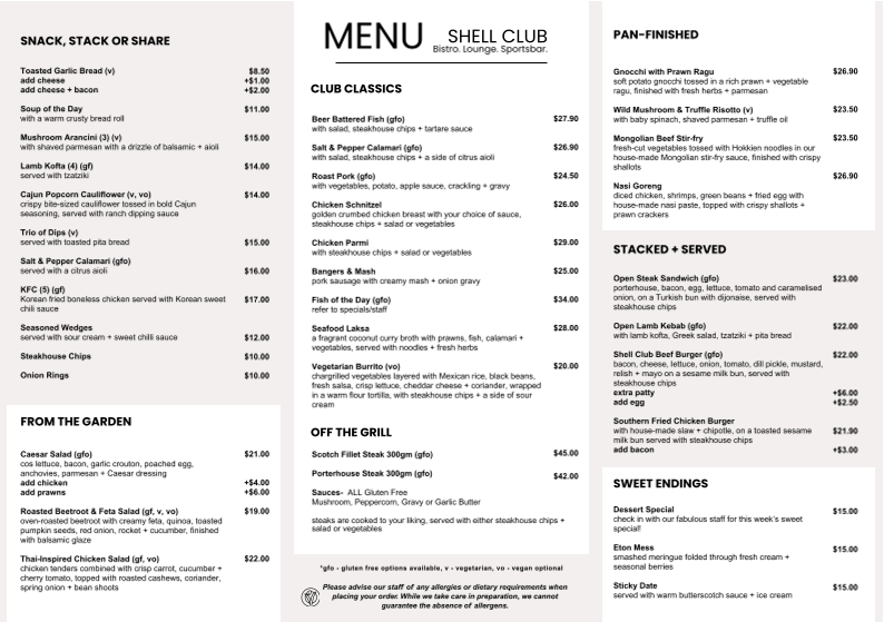 Menu, Shell Club