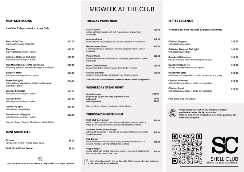 Menu, Shell Club