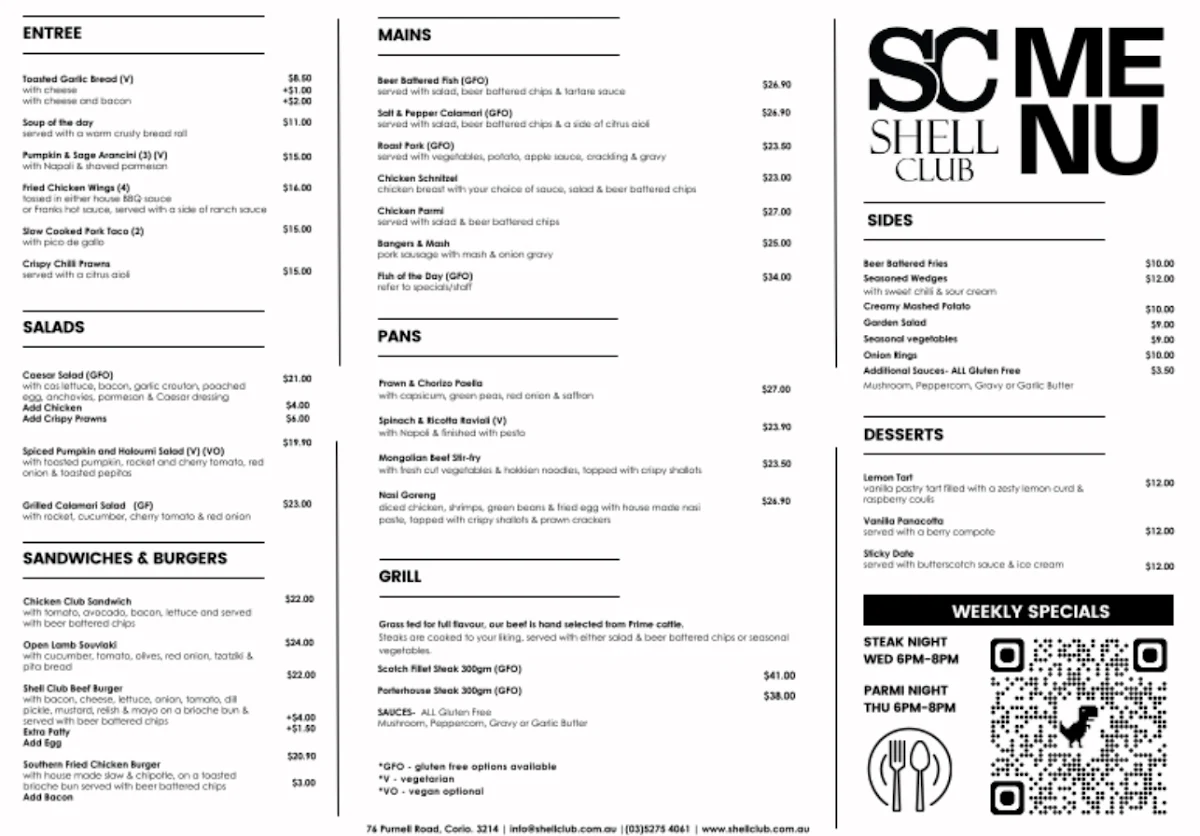 Menu, Shell Club
