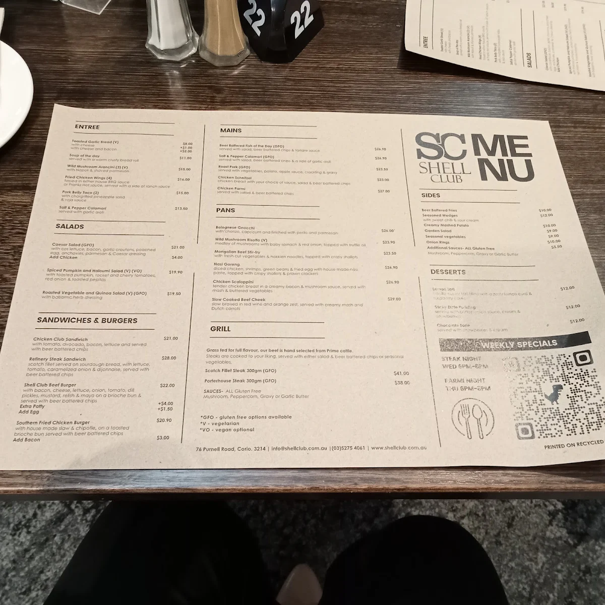 Menu, Shell Club