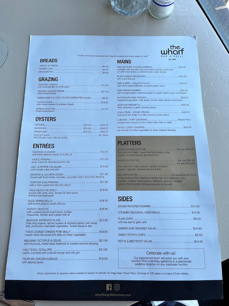 Menu, The Wharf Restaurant