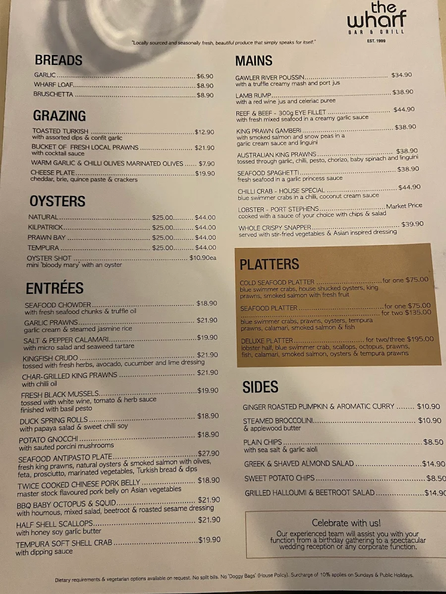 Menu, The Wharf Restaurant