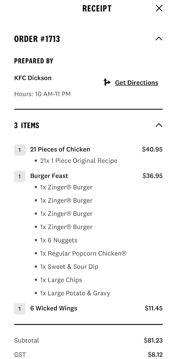 Menu, KFC Dickson
