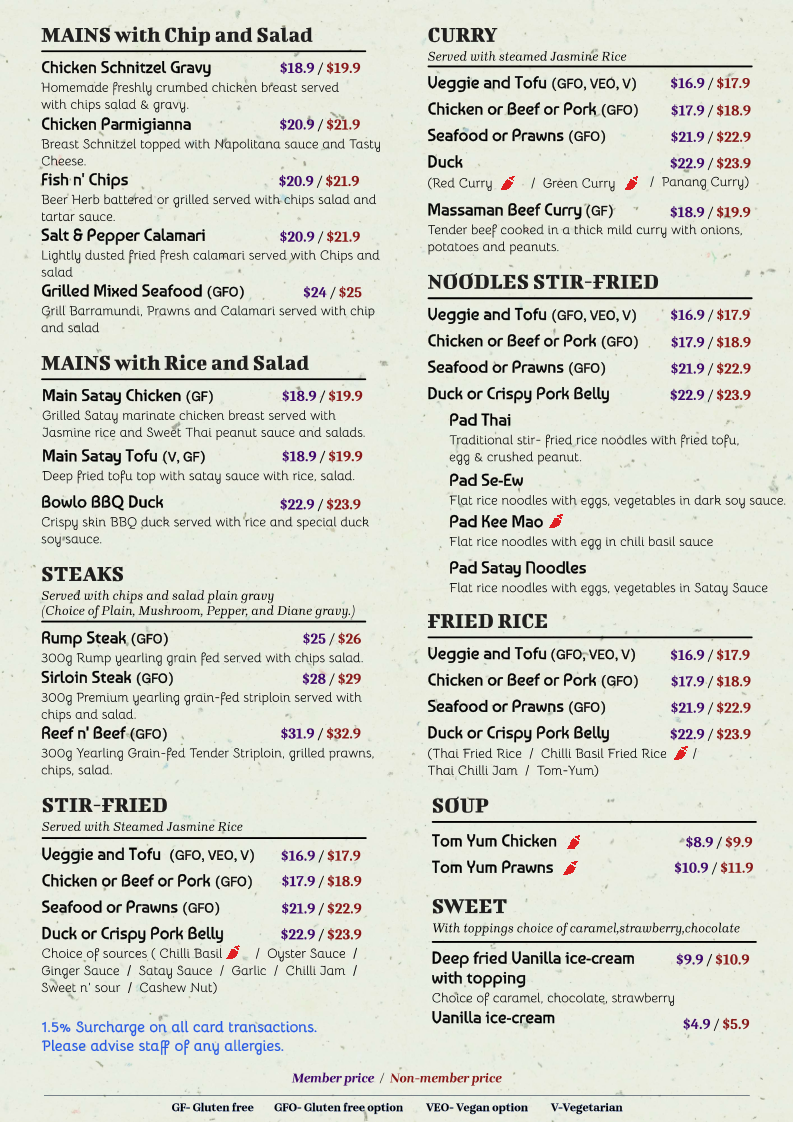 Menu, The Wombarra Bowlo & Thai Food
