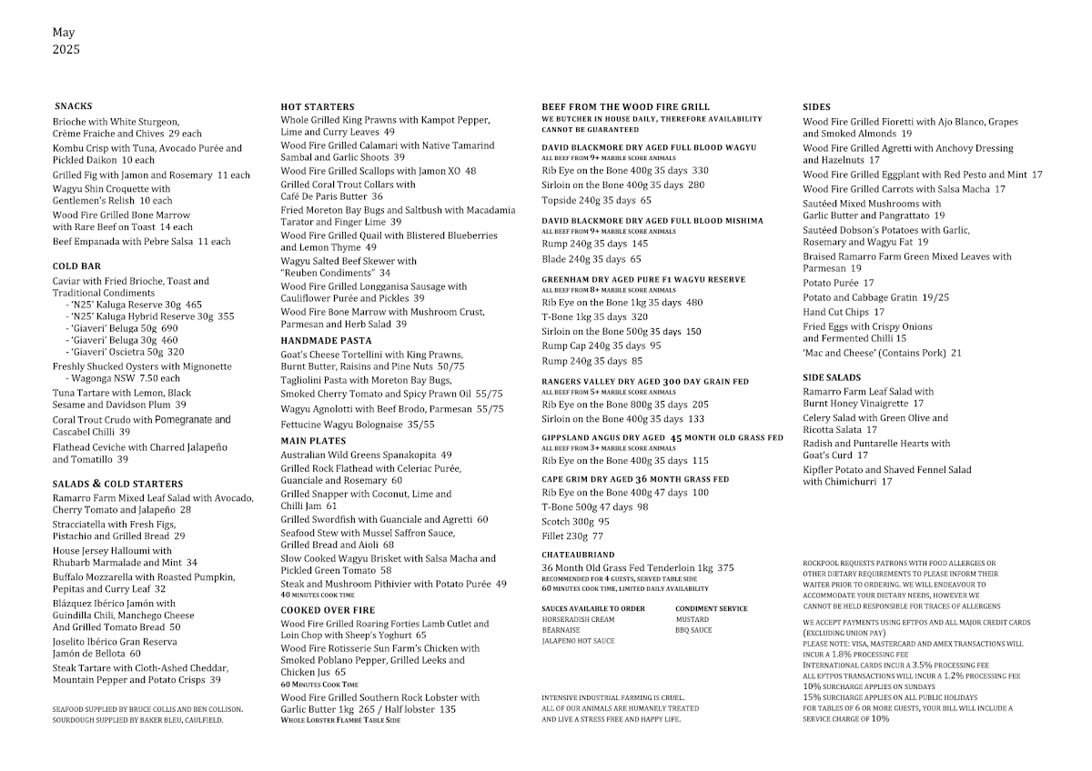 Menu, Rockpool Bar & Grill Melbourne
