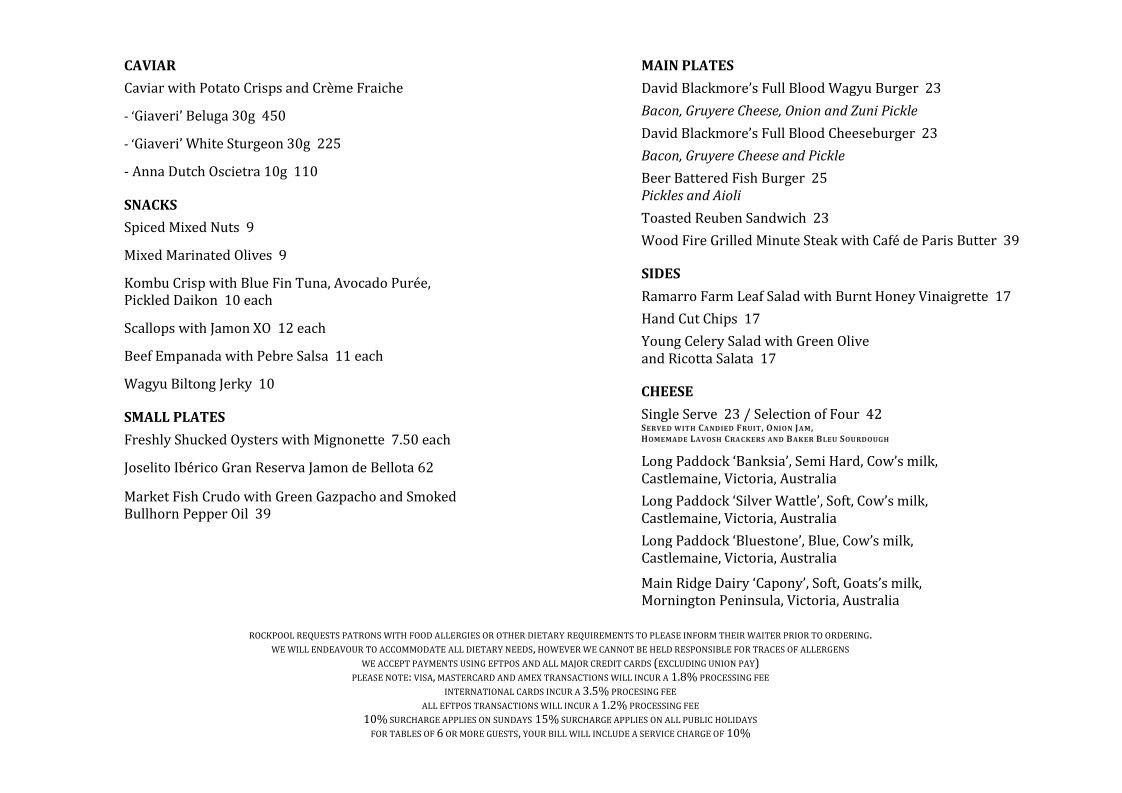 Menu, Rockpool Bar & Grill Melbourne