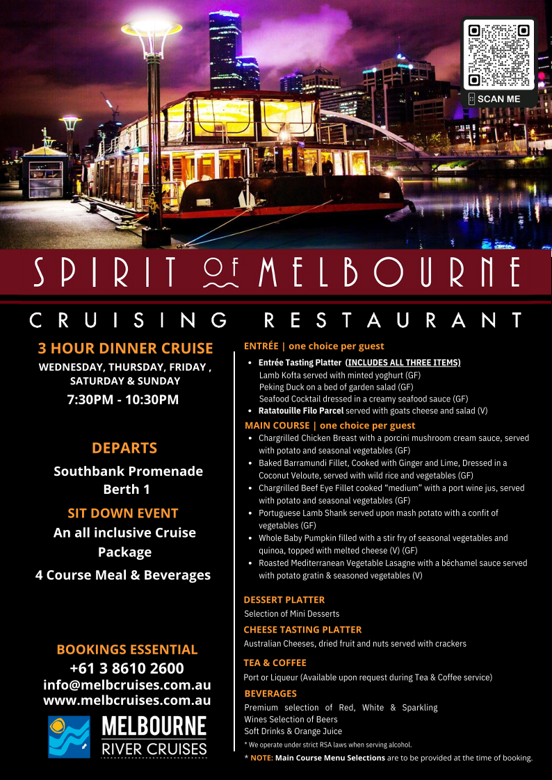 Menu, Spirit Of Melbourne Cruising Restaurant