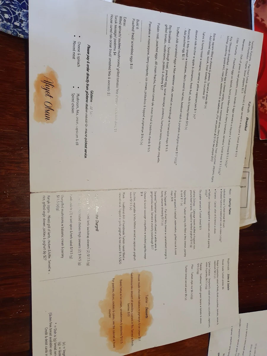 Menu, Köy Restaurant