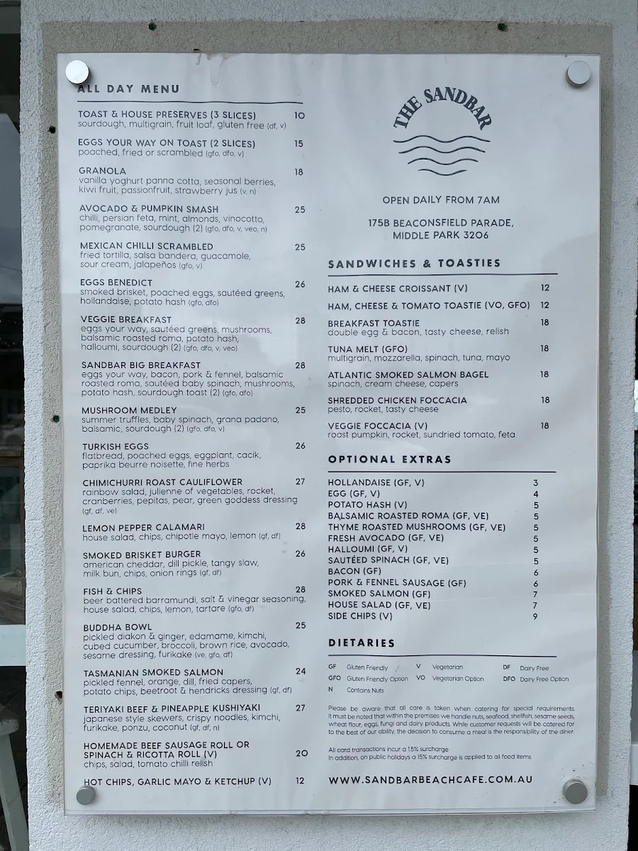 Menu, The Sandbar