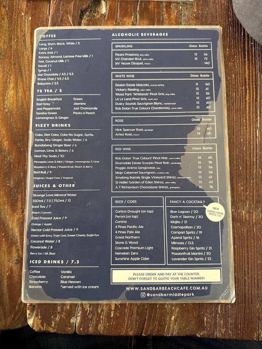 Menu, The Sandbar