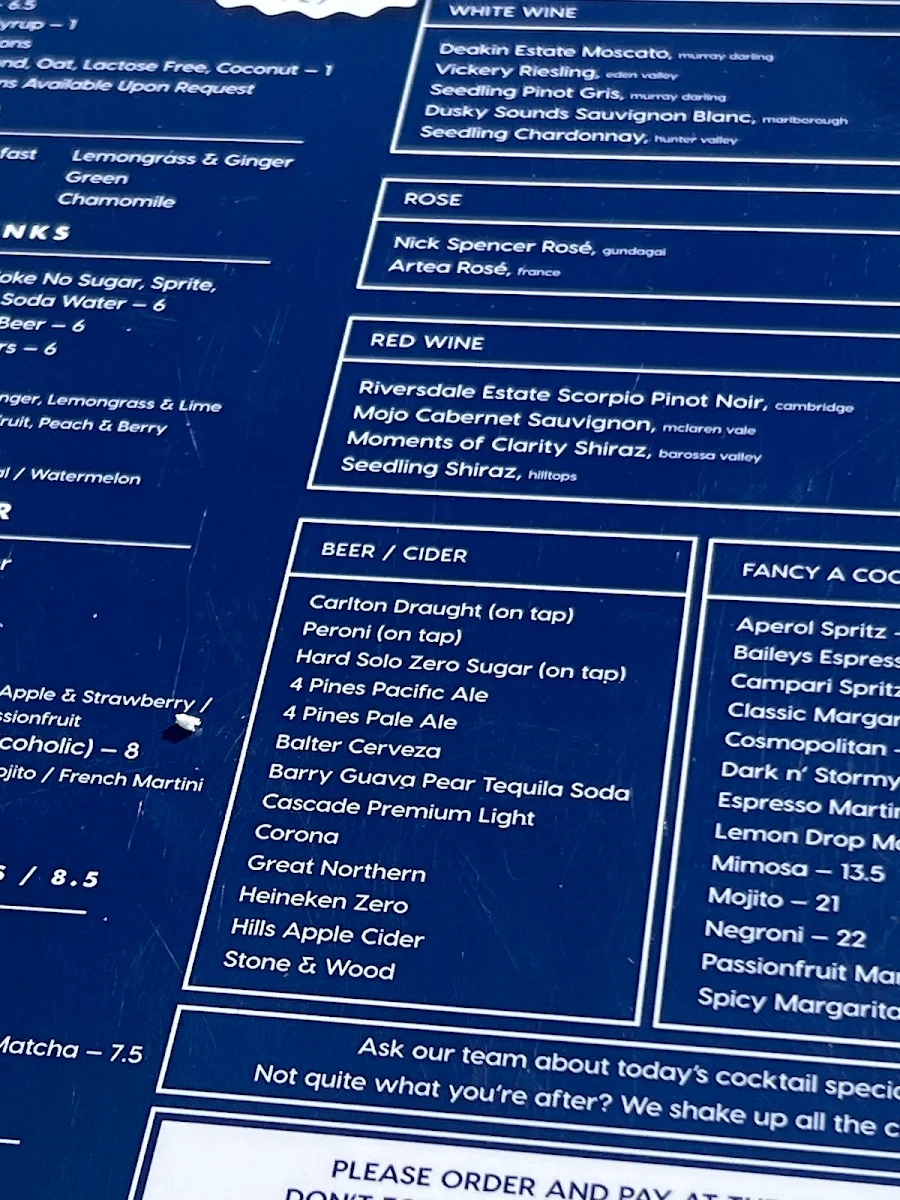 Menu, The Sandbar