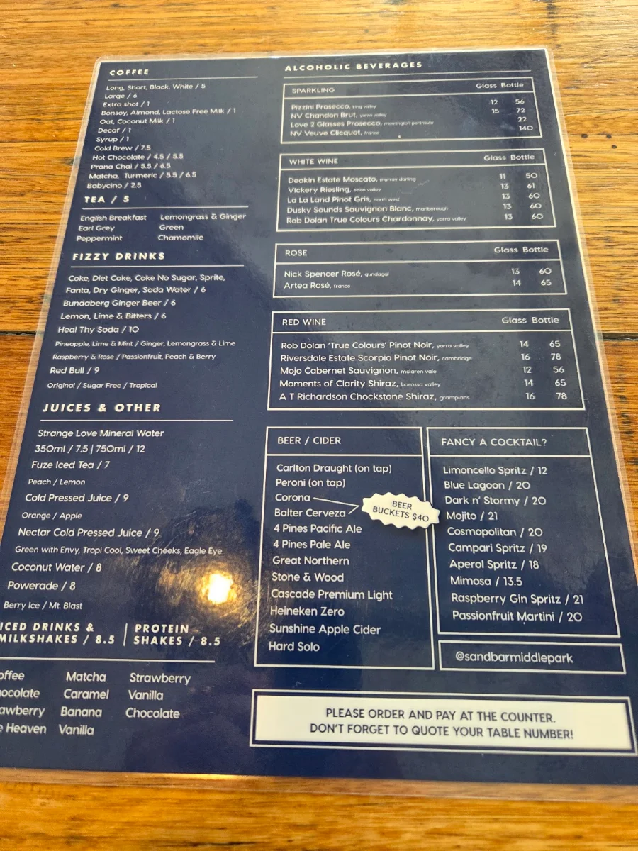 Menu, The Sandbar