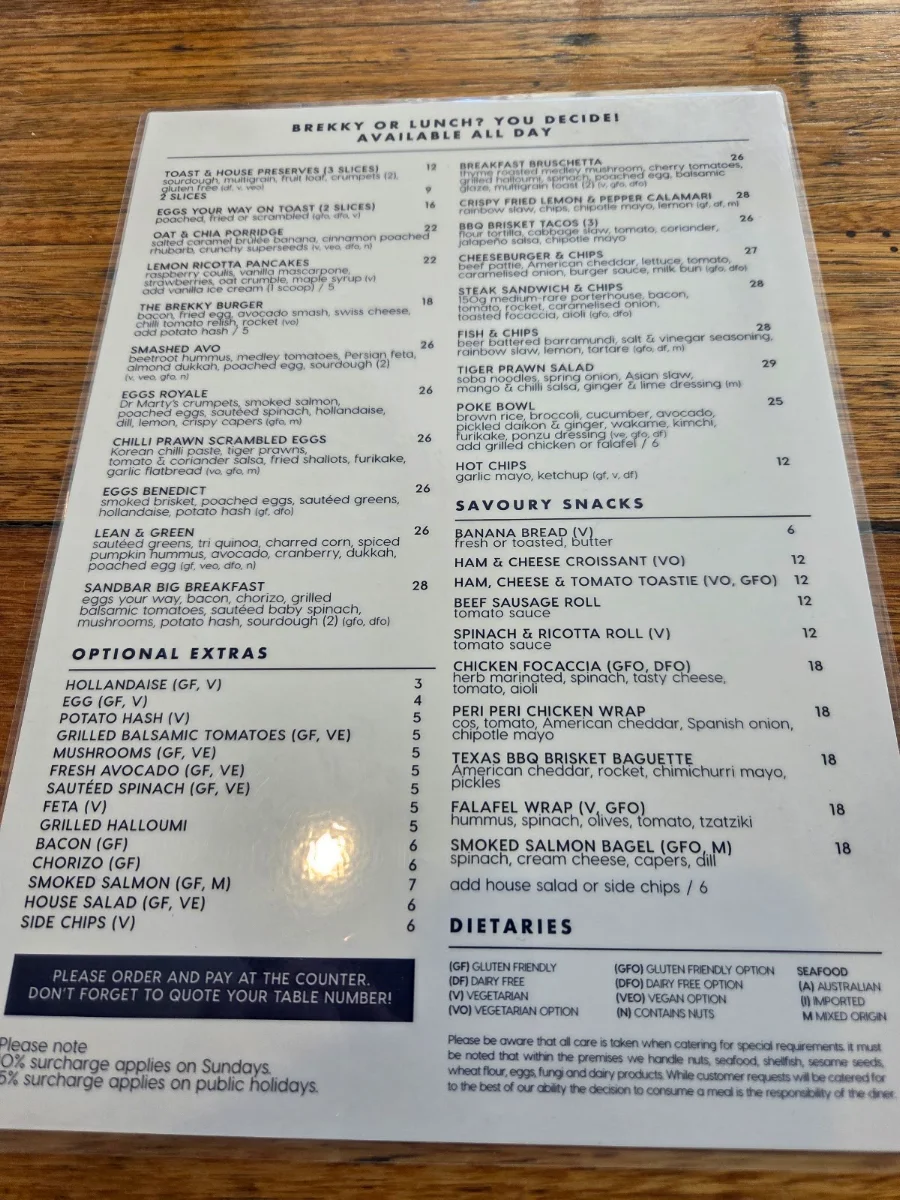 Menu, The Sandbar