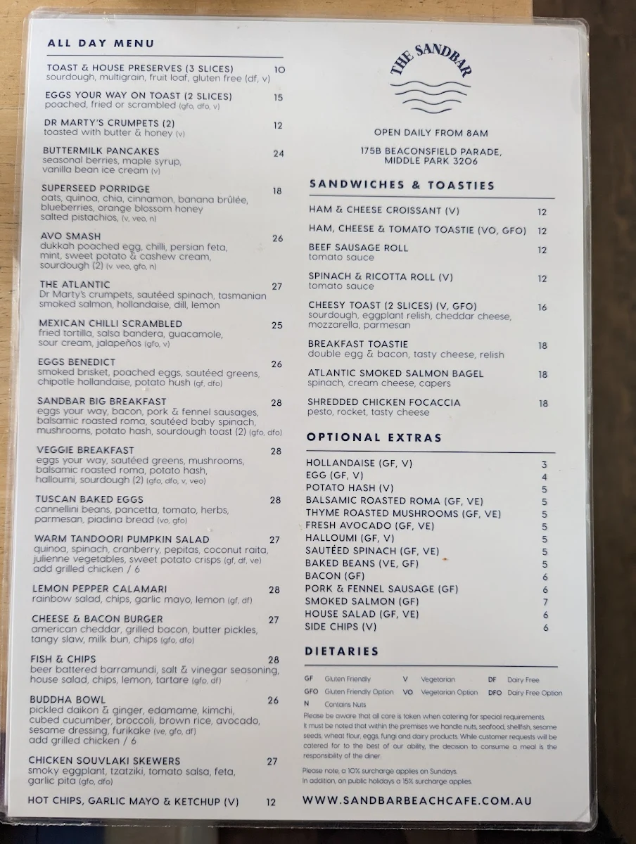 Menu, The Sandbar