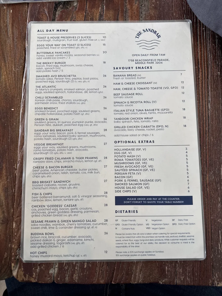 Menu, The Sandbar