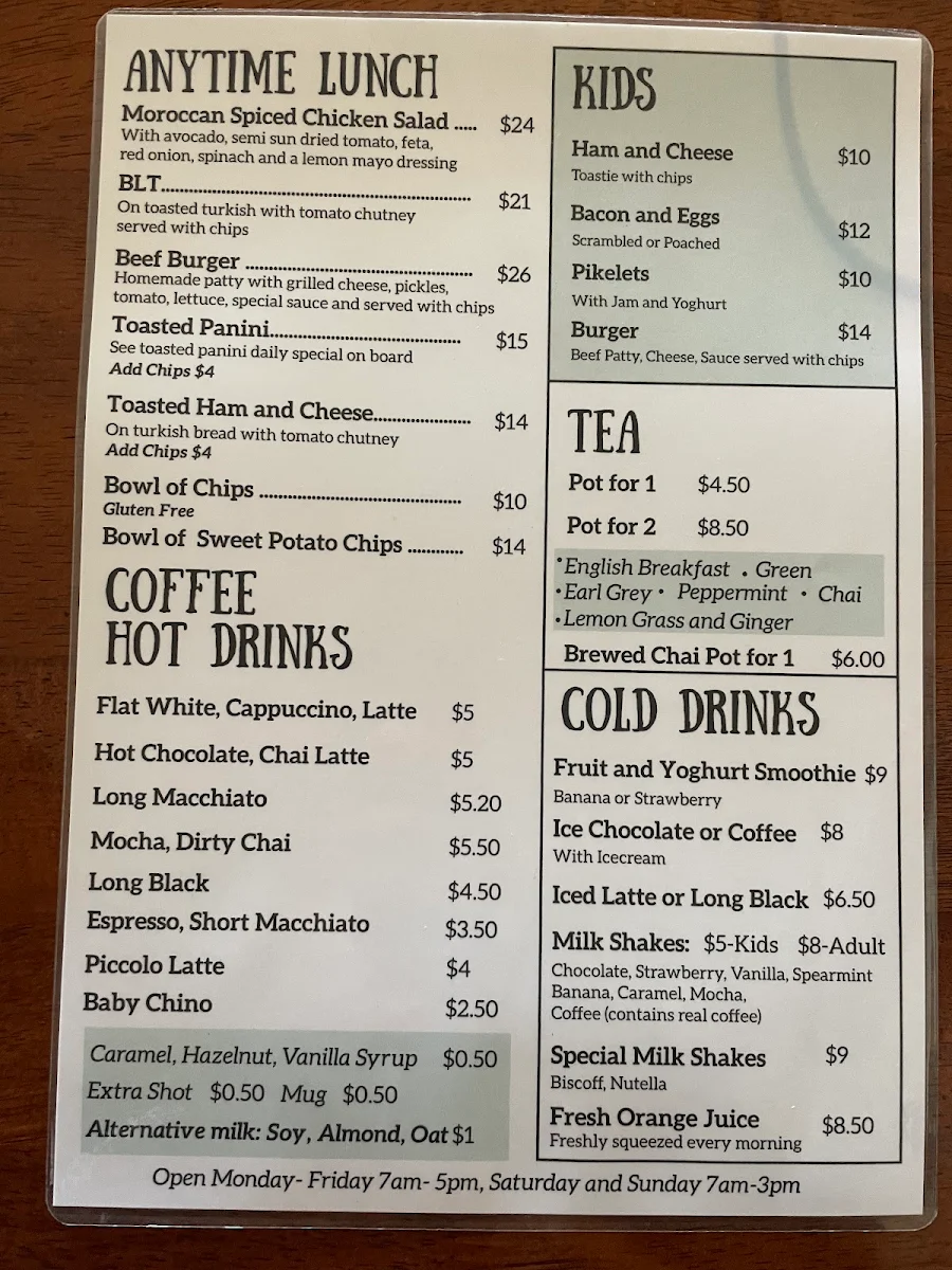 Menu, Kate's Place