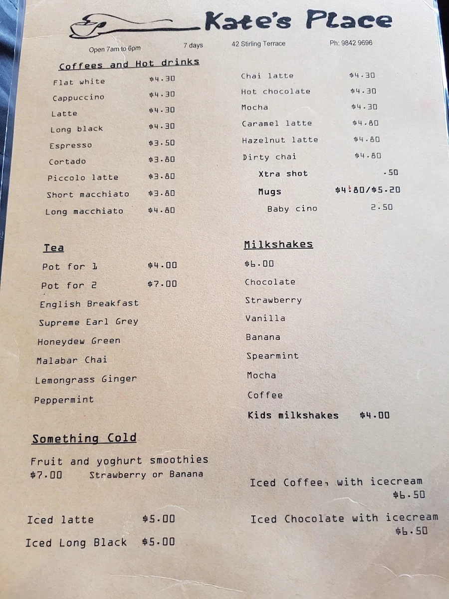 Menu, Kate's Place