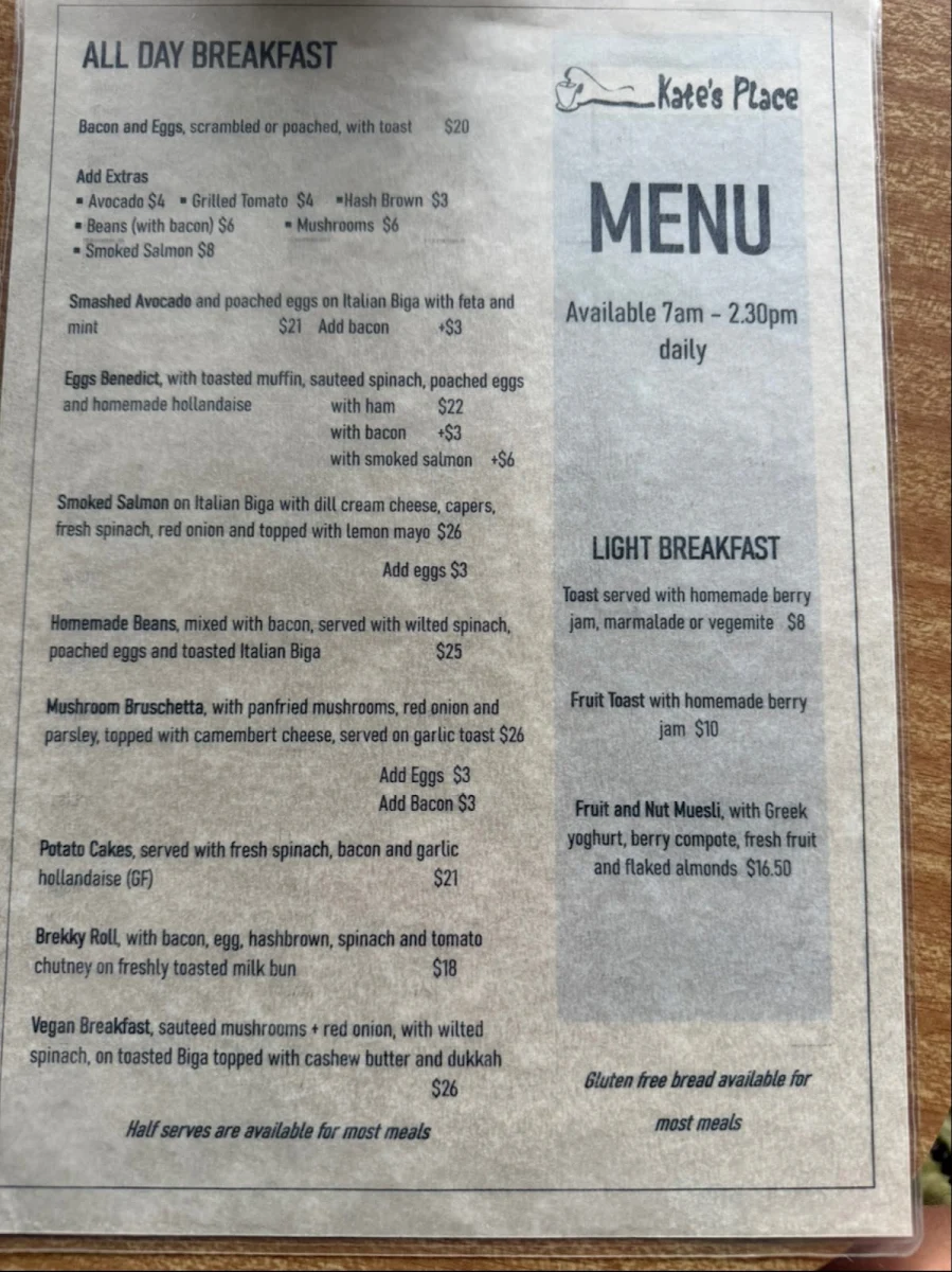 Menu, Kate's Place