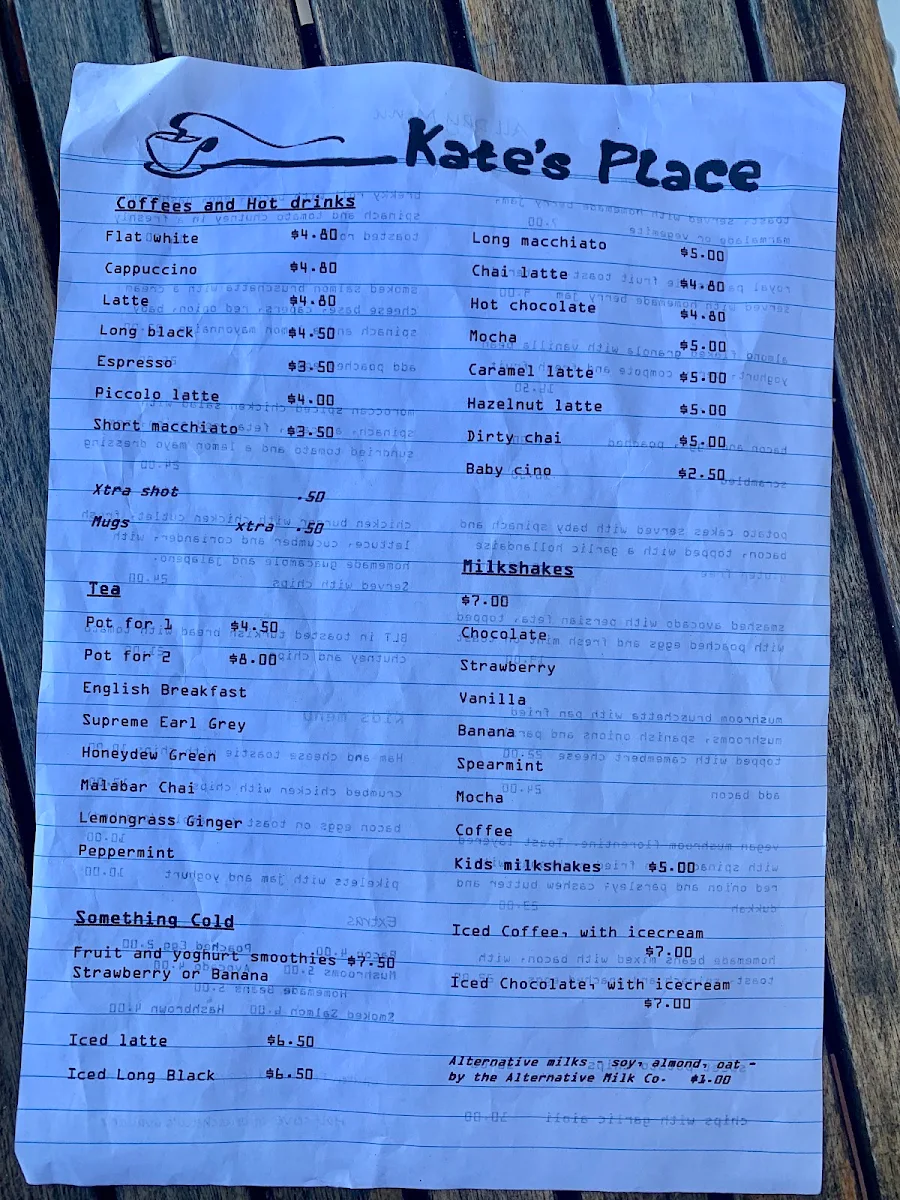 Menu, Kate's Place