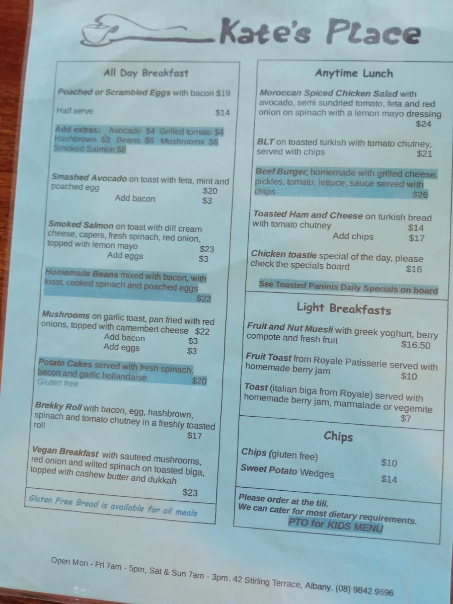 Menu, Kate's Place