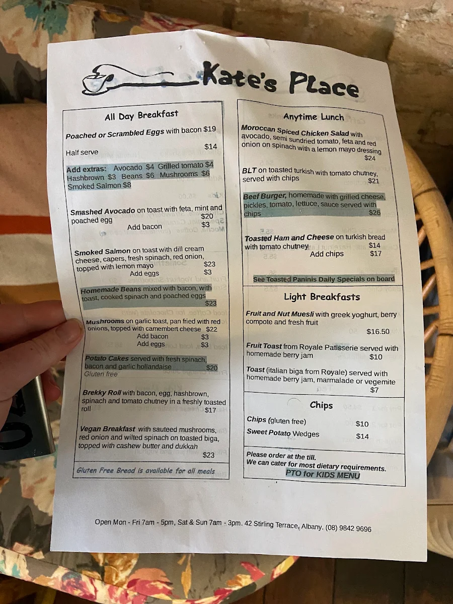 Menu, Kate's Place