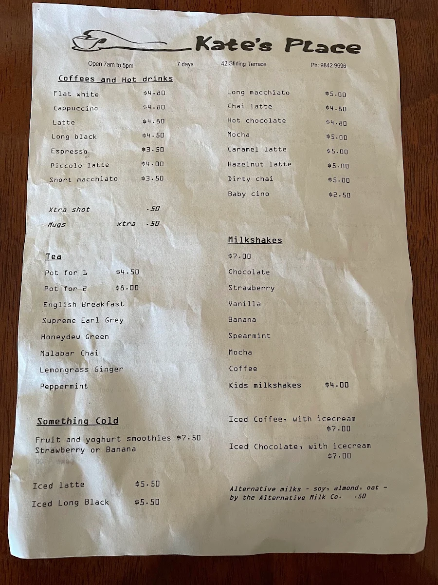 Menu, Kate's Place