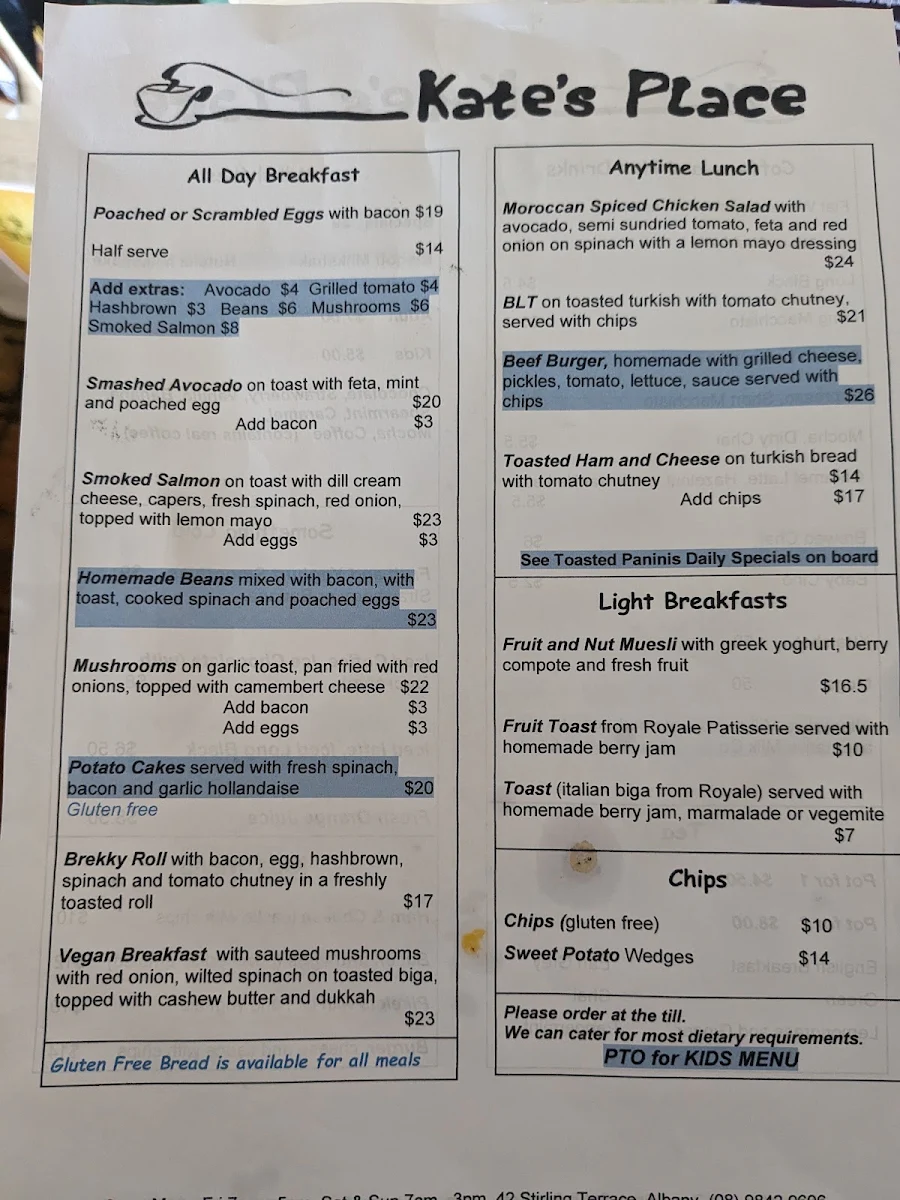 Menu, Kate's Place