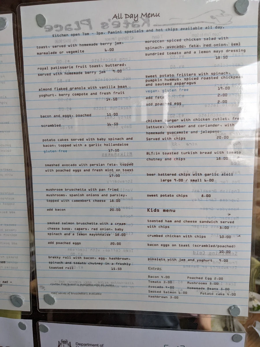 Menu, Kate's Place