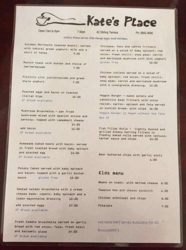 Menu, Kate's Place