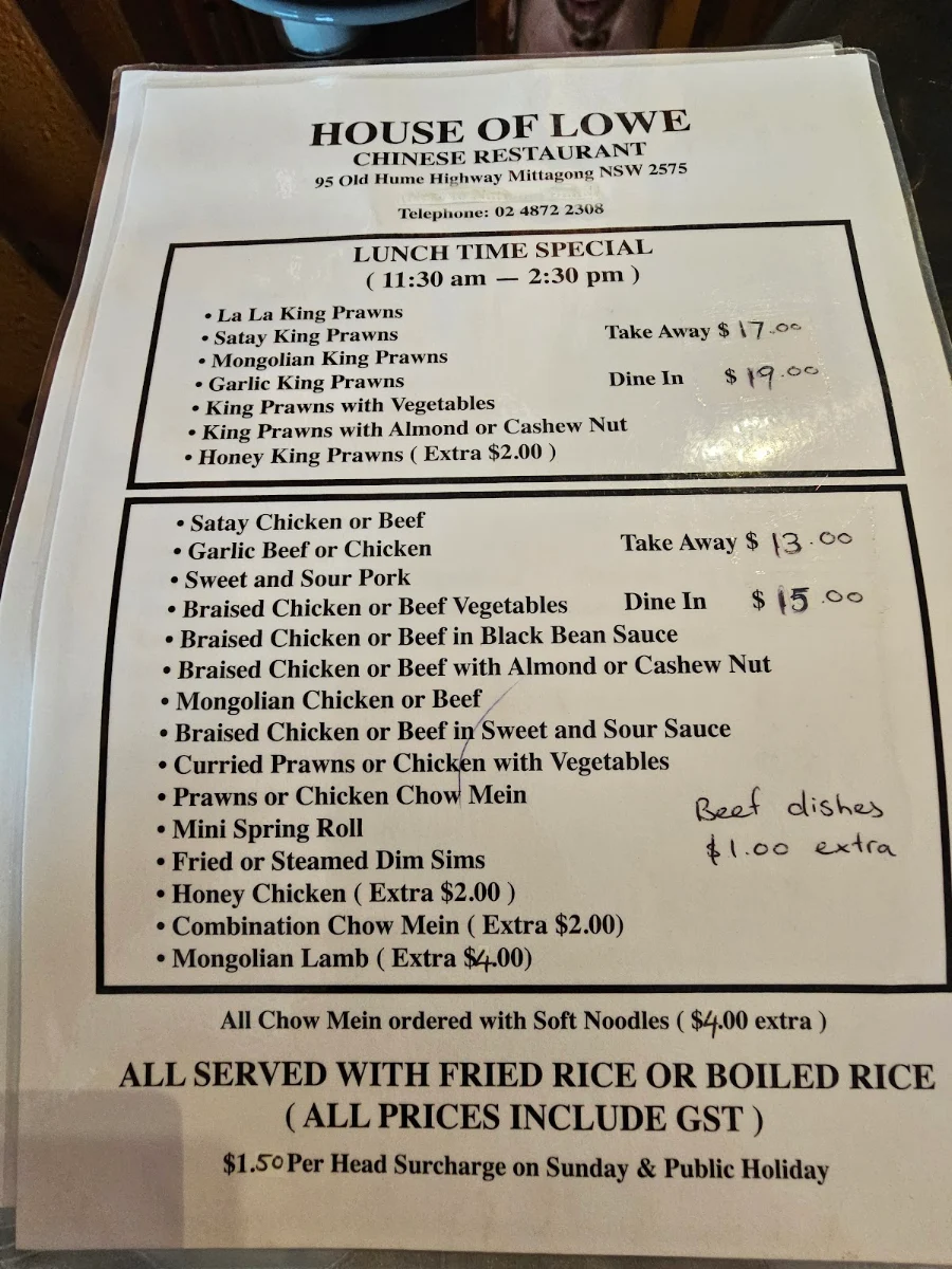 Menu, House of Lowe