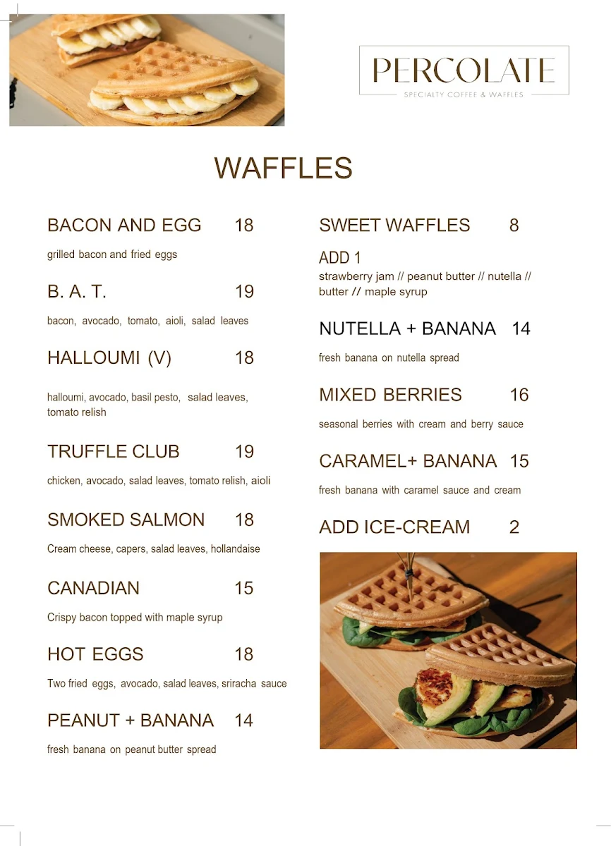 Menu, Percolate Specialty Coffee & Waffles