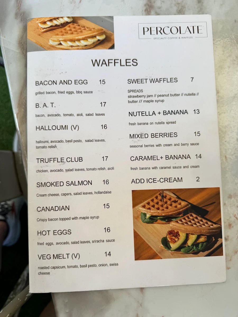 Menu, Percolate Specialty Coffee & Waffles