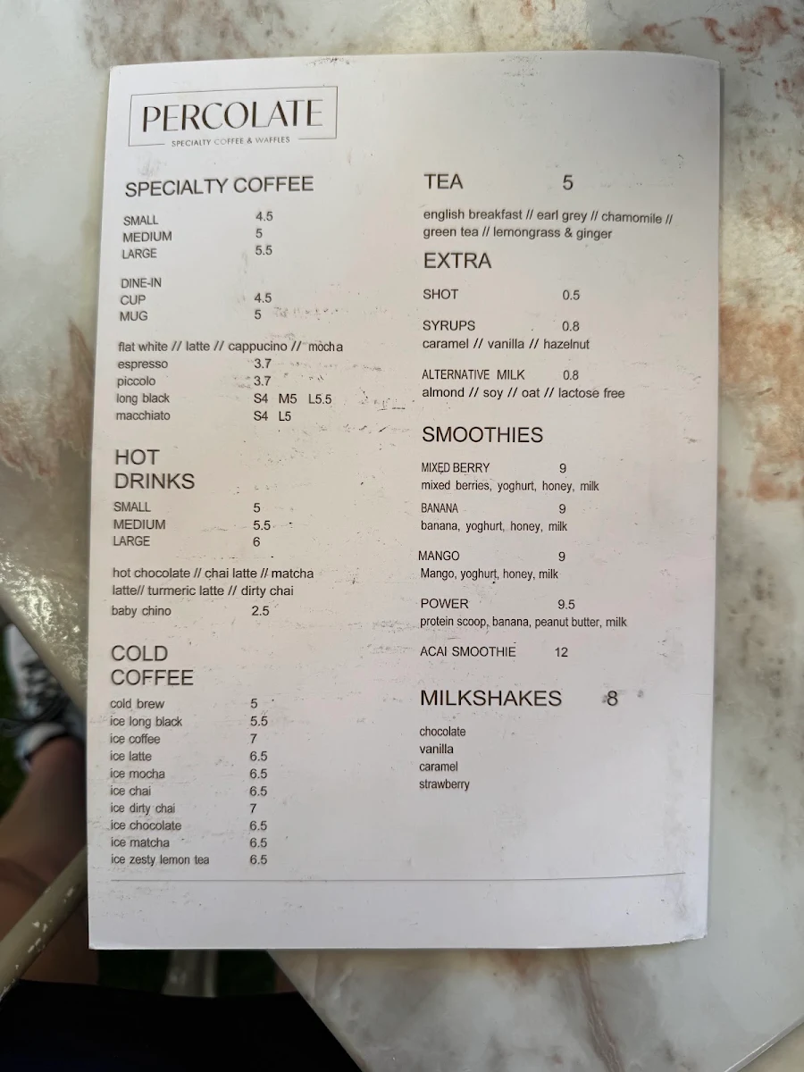 Menu, Percolate Specialty Coffee & Waffles