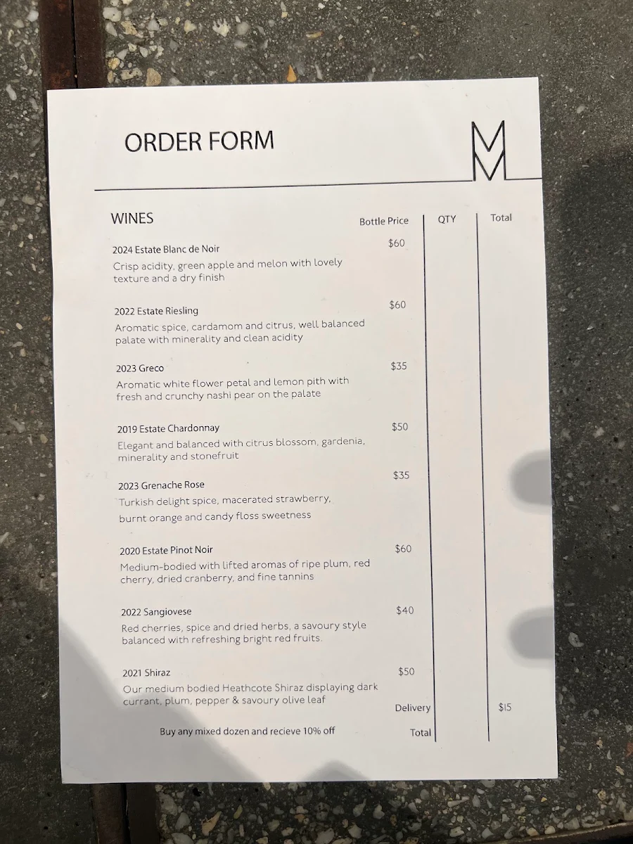 Menu, Mount Monument Winery Restaurant & Retreat