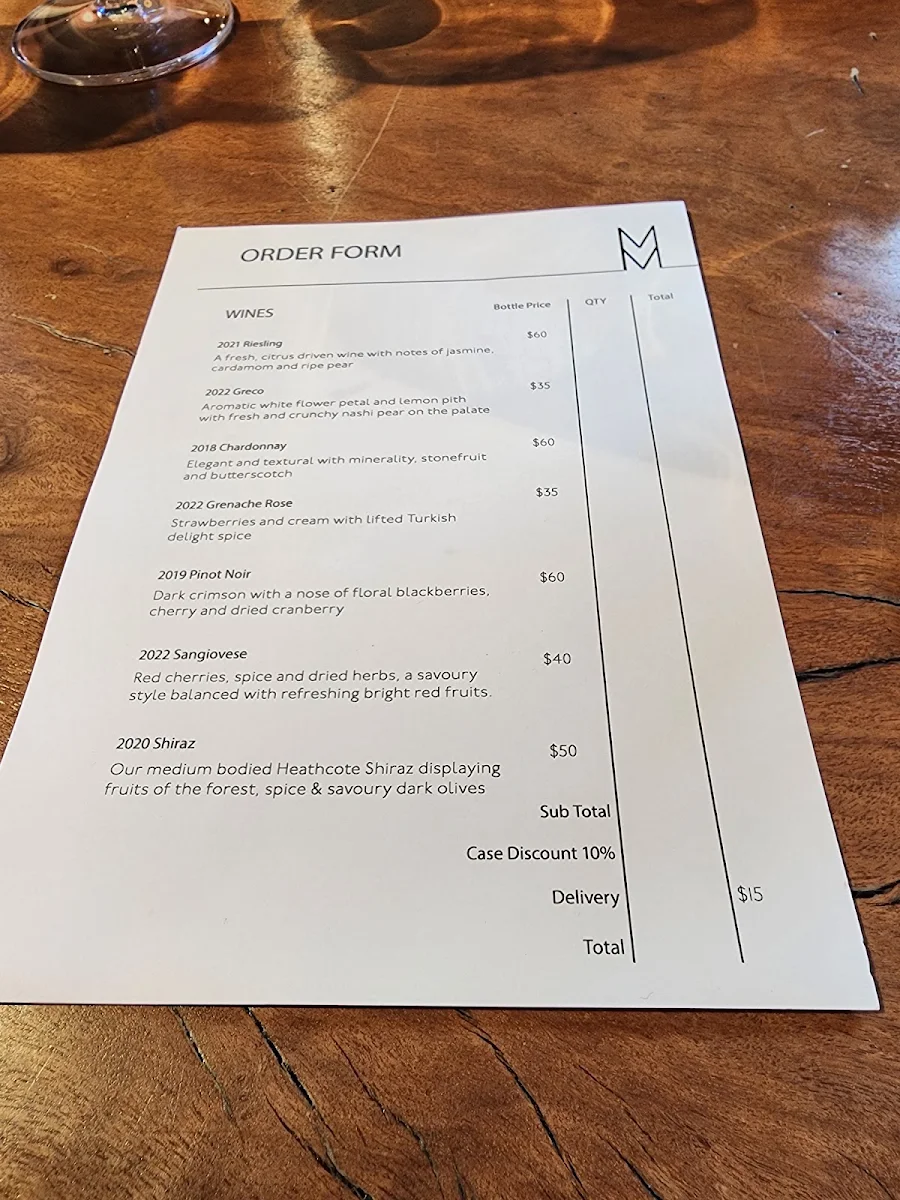 Menu, Mount Monument Winery Restaurant & Retreat