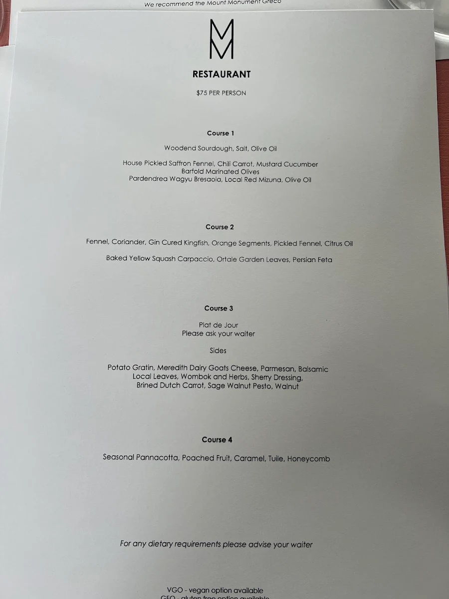 Menu, Mount Monument Winery Restaurant & Retreat
