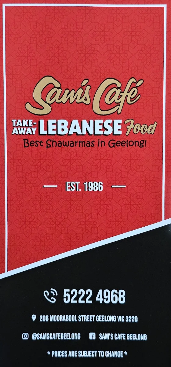 Menu, Sam's Cafe Geelong