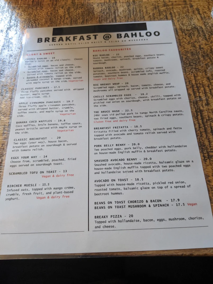 Menu, Bahloo Portland