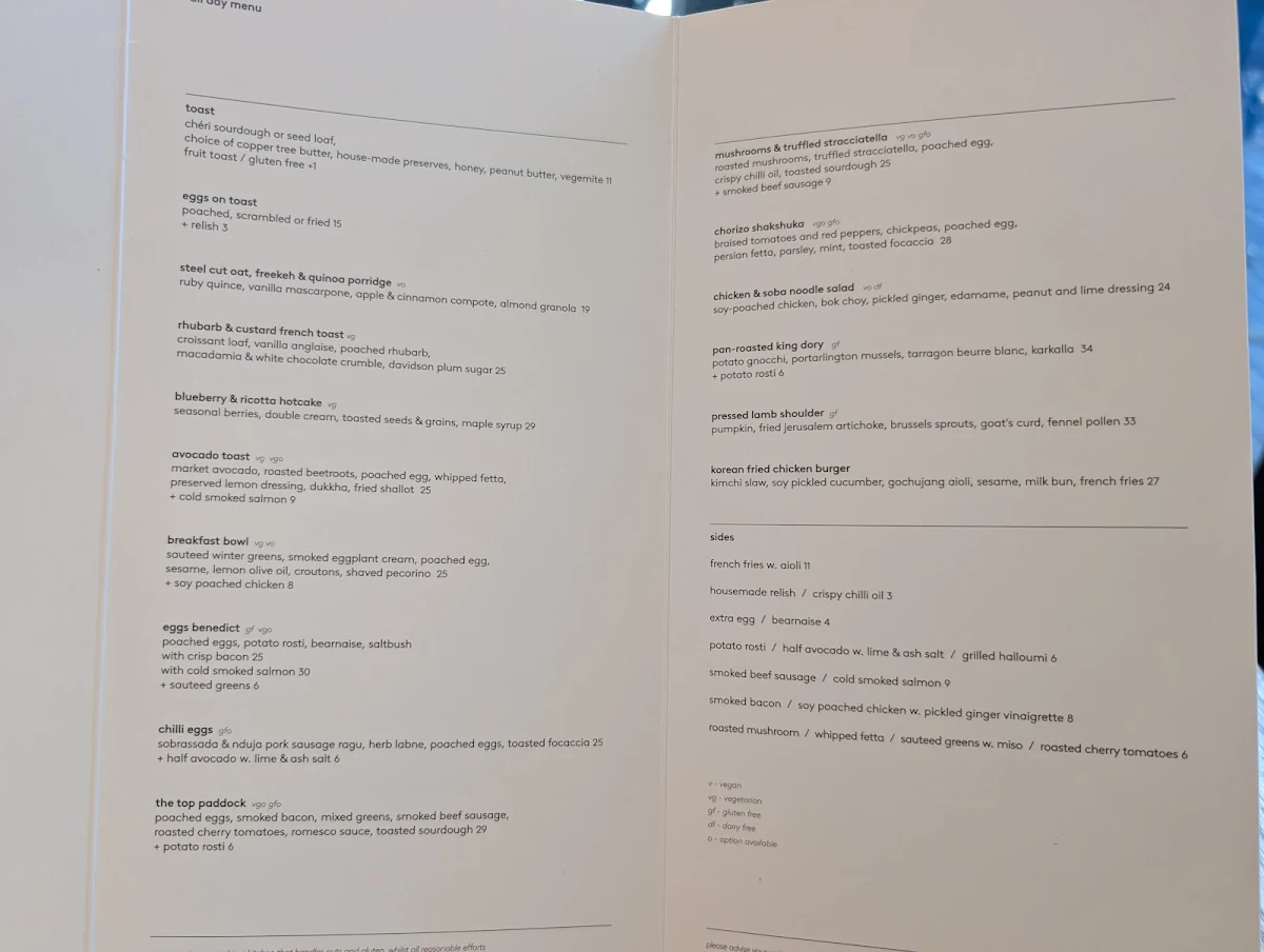 Menu, Top Paddock Cafe