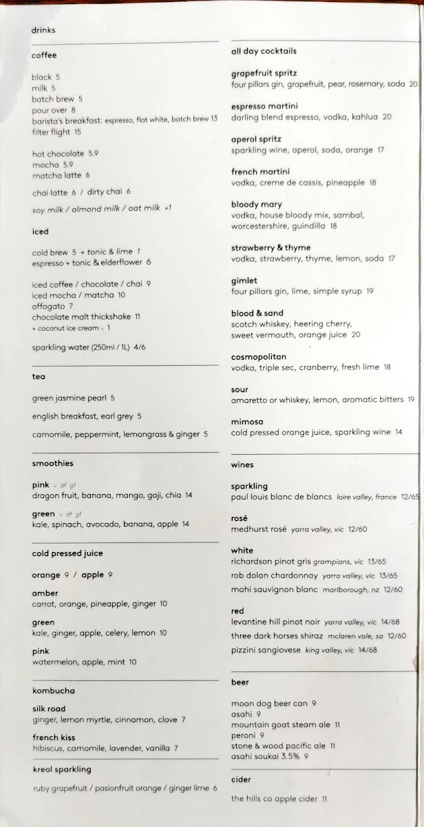 Menu, Top Paddock Cafe