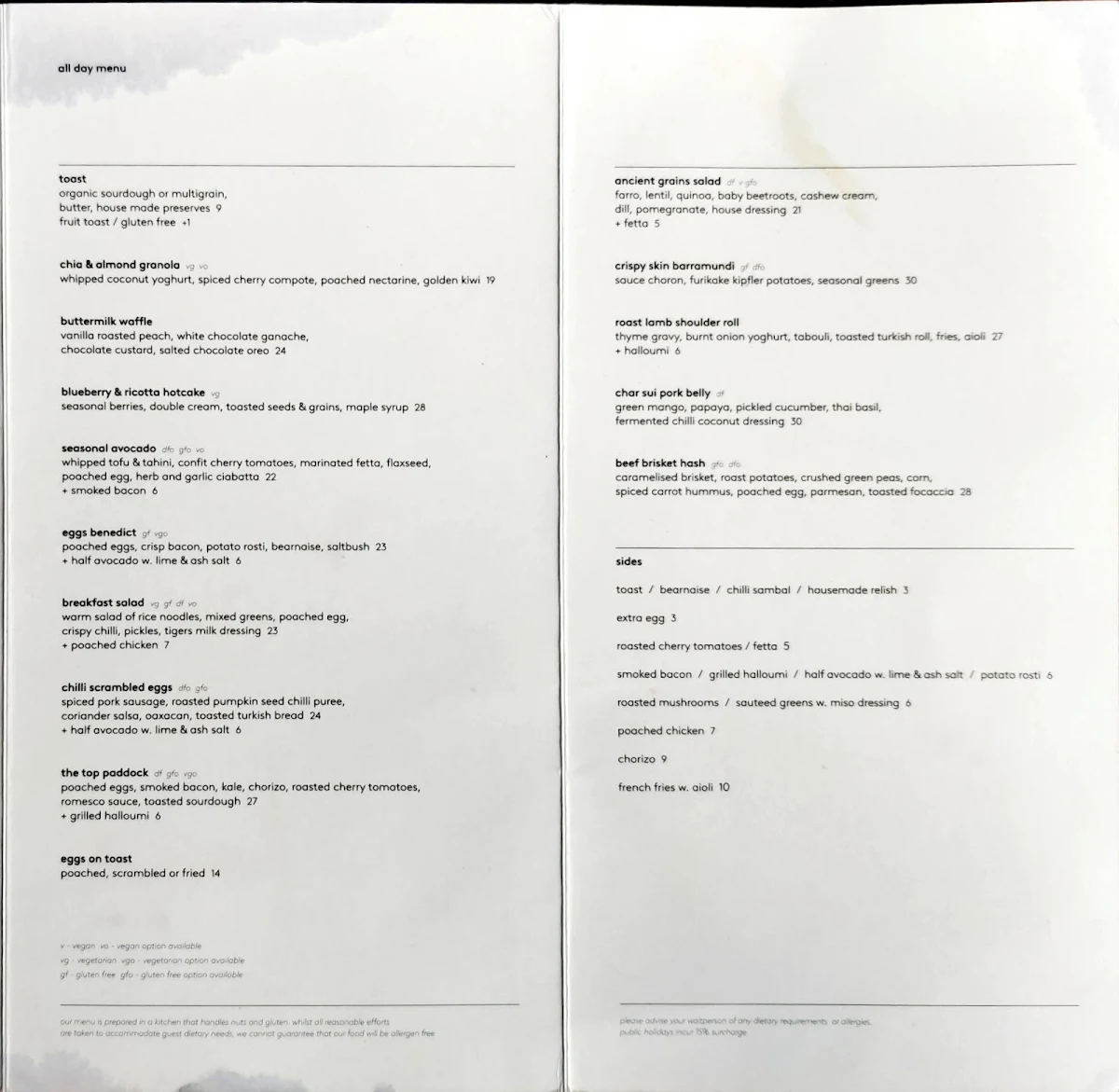 Menu, Top Paddock Cafe