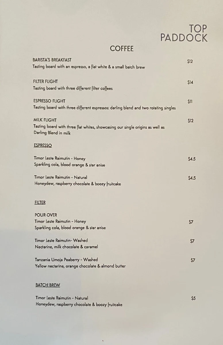 Menu, Top Paddock Cafe