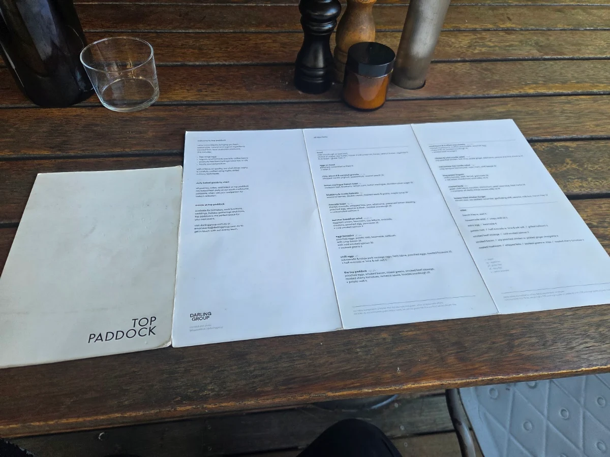 Menu, Top Paddock Cafe