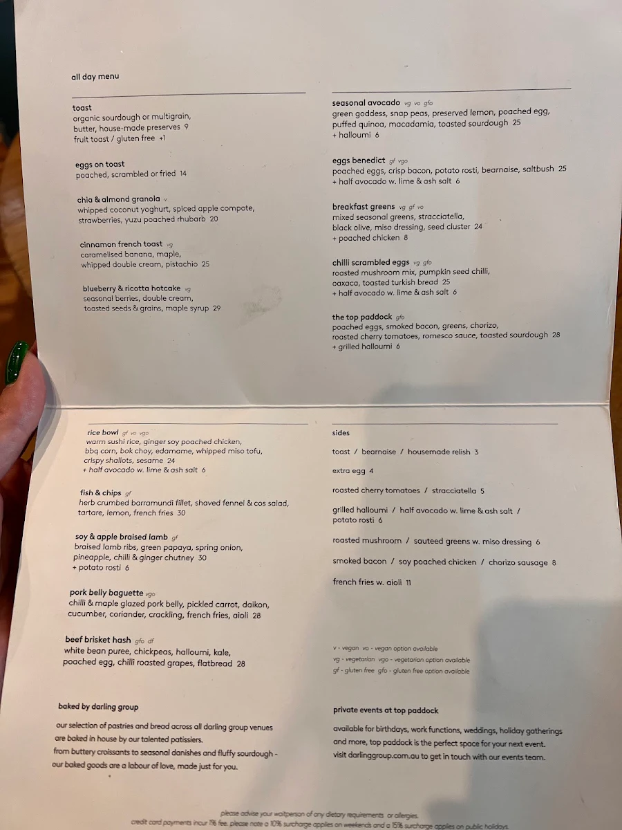 Menu, Top Paddock Cafe