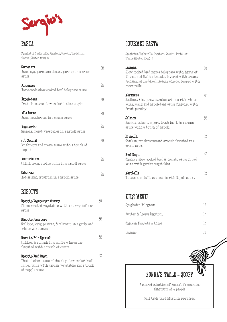 Menu, Sergios Pizza