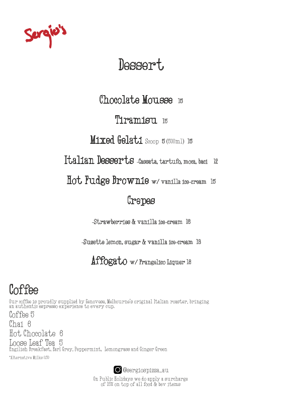 Menu, Sergios Pizza