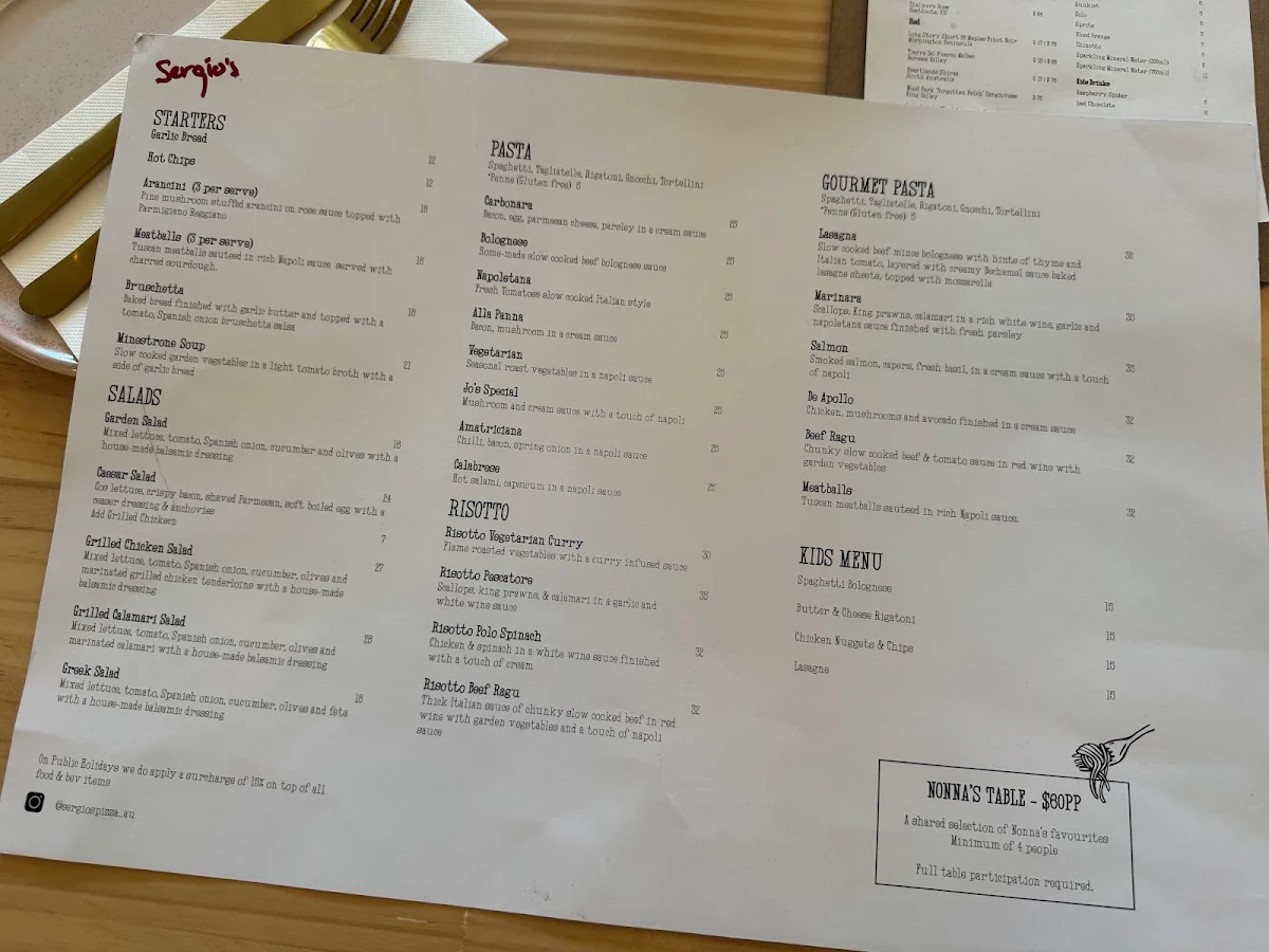 Menu, Sergios Pizza